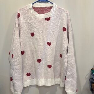 SHEIN White and Red Crew Neck Sweater with Heart Pattern